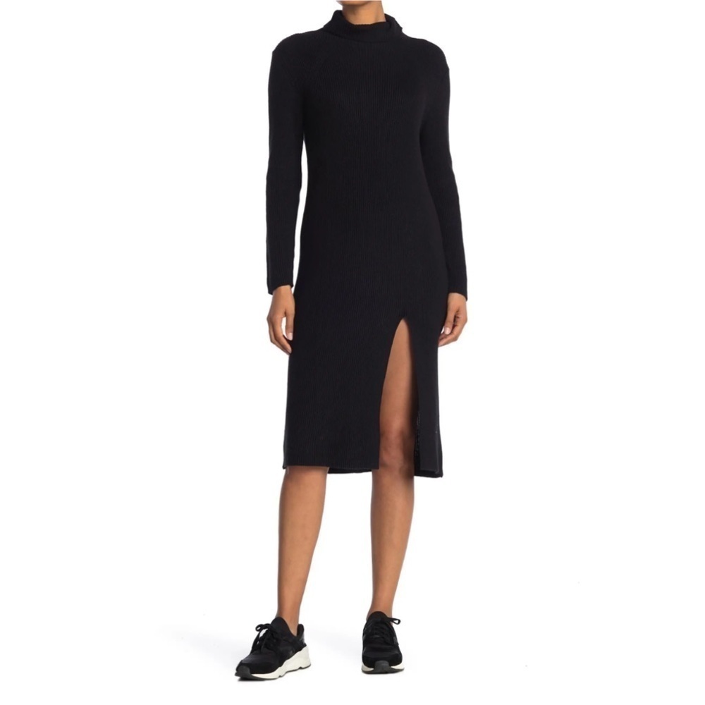 Abound Ribbed Mock Neck Midi Knit Dress Long Sleeves Slit In Black Size S